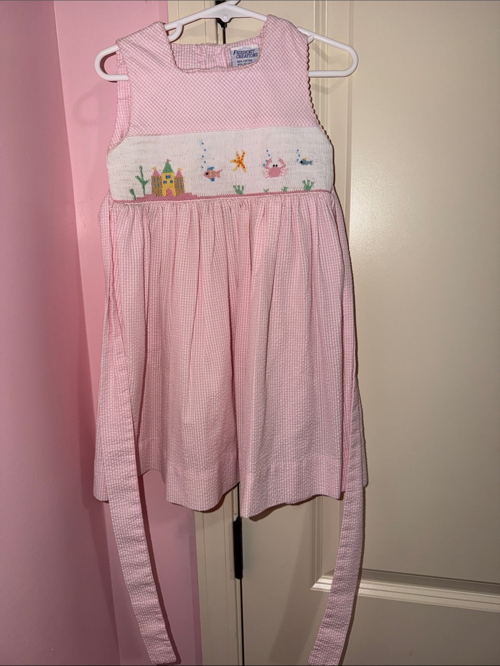 Pink Smocked Girls Beach Sundress with Embroidered Sea Motif